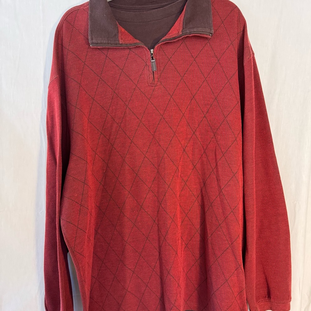 Saddlebred Red Zip-neck Sweater with Brown Collar and diamond pattern